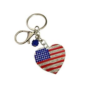 Patriotic American Heart Keychain in Silver Tone